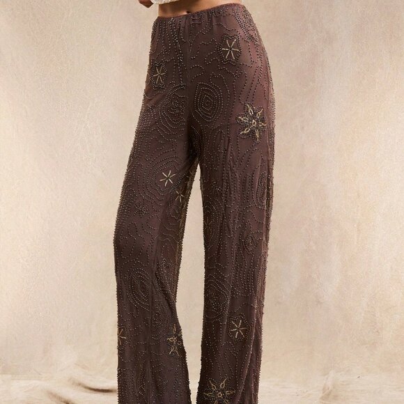 Brown Boho Women's Seaside Trousers with Floral Sequins - Picture 4 of 7